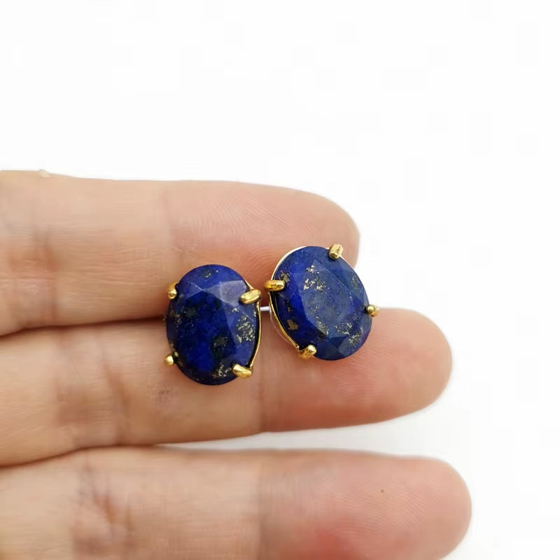 Oval Shape Stud Earrings Silver Color Natural Stone Faceted Pink Quartz Crystal Tiger Eye Lapis Lazuli Healing Jewelry Female