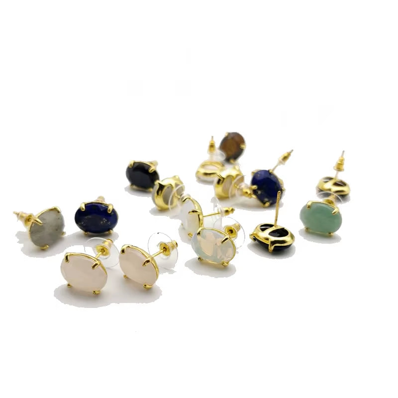 Oval Shape Stud Earrings Silver Color Natural Stone Faceted Pink Quartz Crystal Tiger Eye Lapis Lazuli Healing Jewelry Female