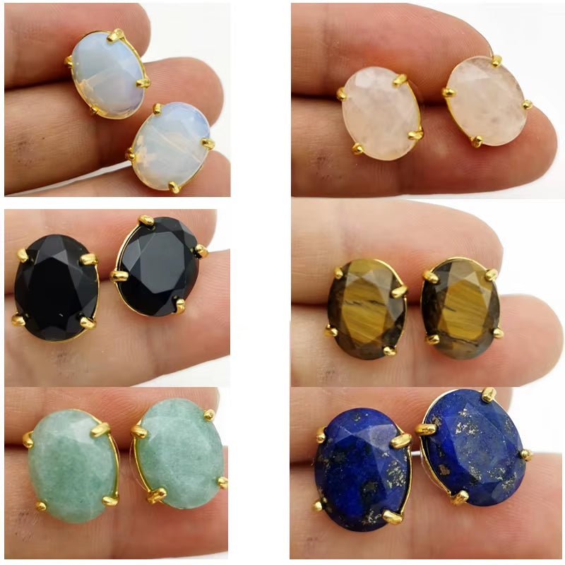 Oval Shape Stud Earrings Silver Color Natural Stone Faceted Pink Quartz Crystal Tiger Eye Lapis Lazuli Healing Jewelry Female