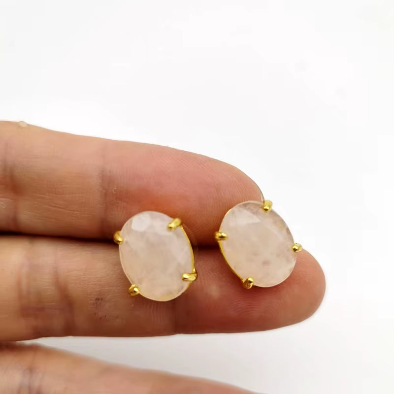 Oval Shape Stud Earrings Silver Color Natural Stone Faceted Pink Quartz Crystal Tiger Eye Lapis Lazuli Healing Jewelry Female