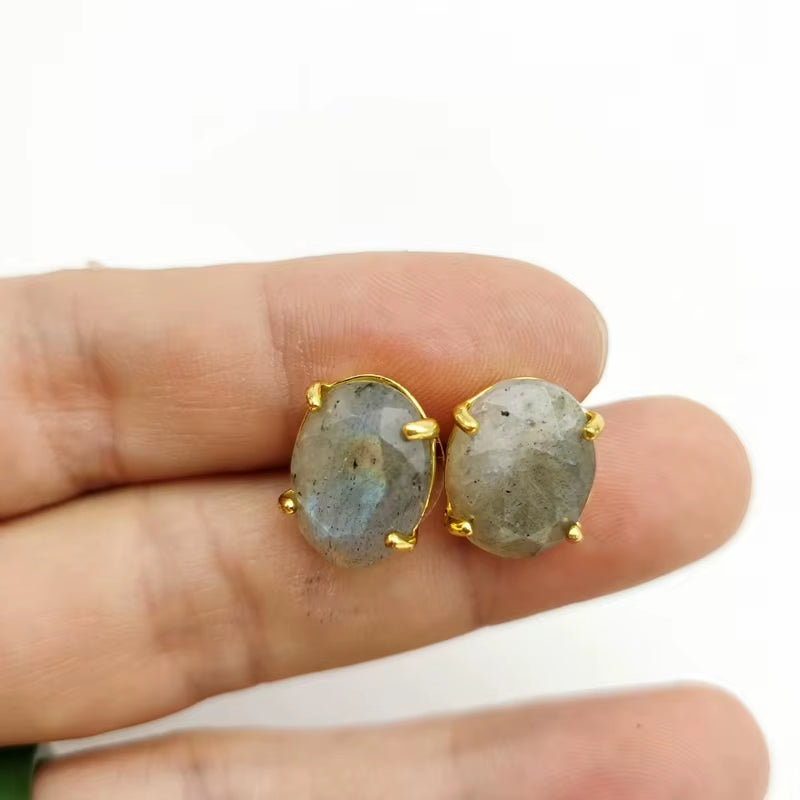 Oval Shape Stud Earrings Silver Color Natural Stone Faceted Pink Quartz Crystal Tiger Eye Lapis Lazuli Healing Jewelry Female