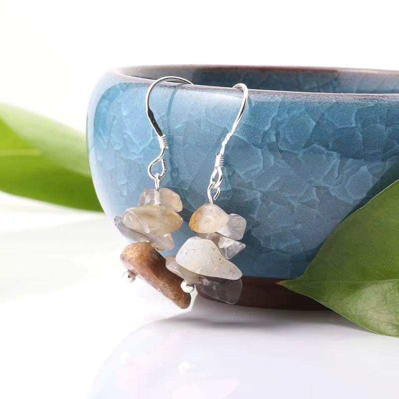 Wholesale Jewelry Women Handmade Natural Chips Stone Long Fringe Earring Quartz Tiger Eye Rose Stone Dangle Earrings