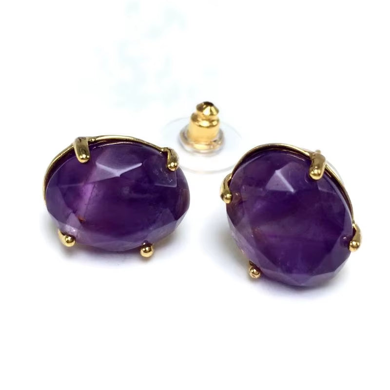 Oval Shape Stud Earrings Silver Color Natural Stone Faceted Pink Quartz Crystal Tiger Eye Lapis Lazuli Healing Jewelry Female