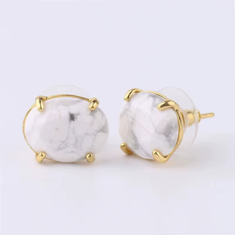 Oval Shape Stud Earrings Silver Color Natural Stone Faceted Pink Quartz Crystal Tiger Eye Lapis Lazuli Healing Jewelry Female